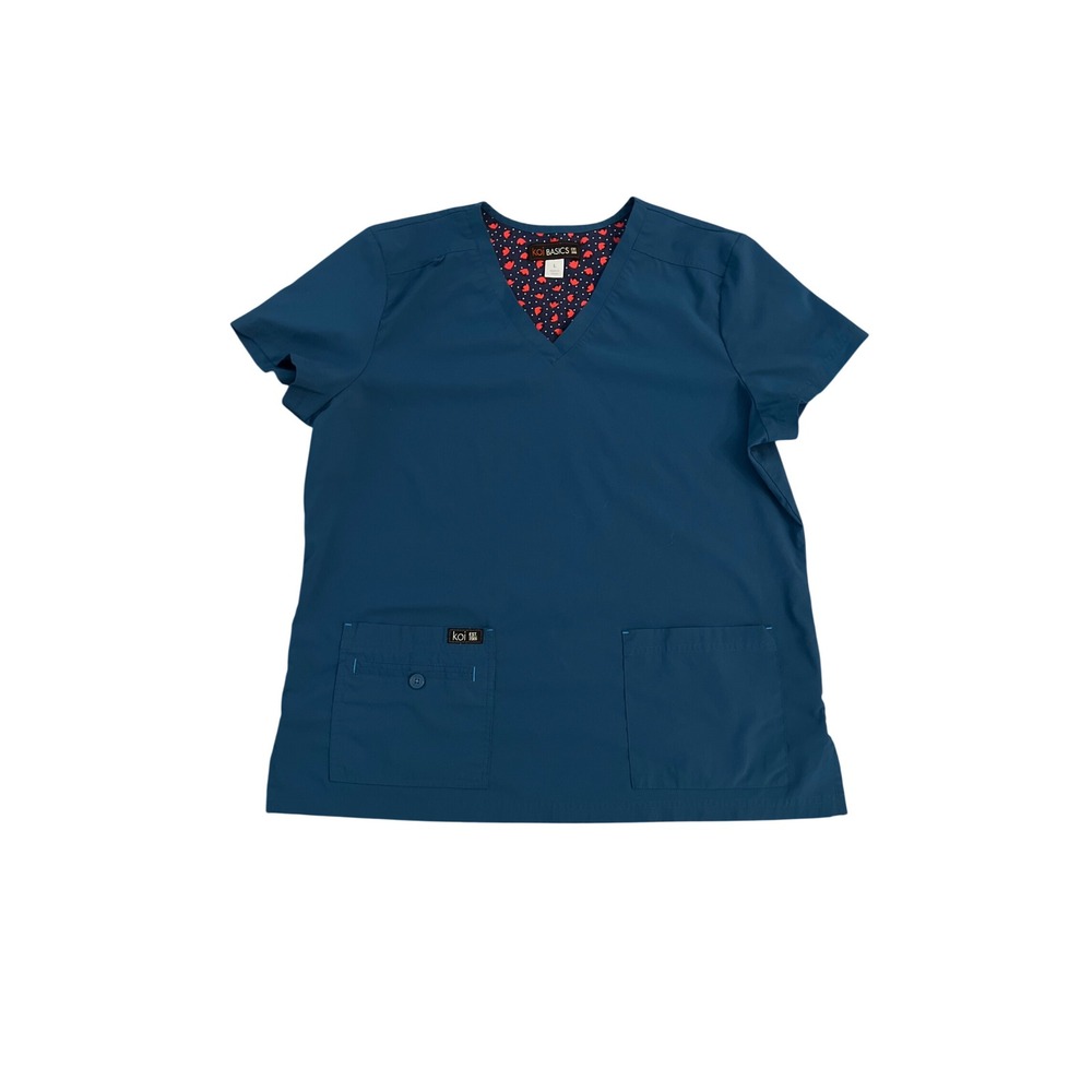 Koi Basics Becca V-Neck Scrub Top Teal Floral Trim  Large